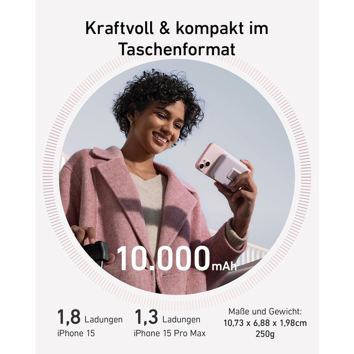 Anker MagGo Power Bank: 10000mAh, Qi2, 15W, MagSafe, USB-C, Рожевий
