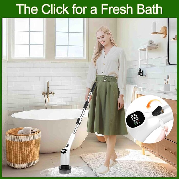 Електрична щітка для чищення з 7 насадок, IPX7 водонепроникна, регульована ручка, для ванної кімнати (біла)