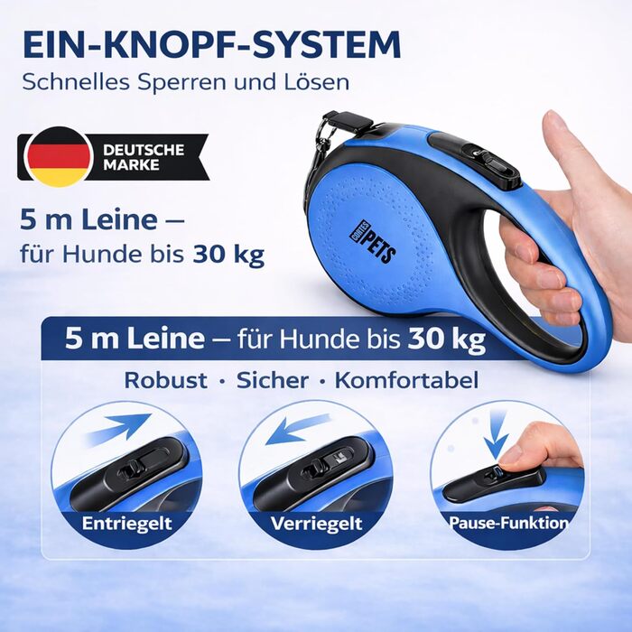 Висувна поводок для собак великих порід Flexi New Classic з кнопкою-гальмом, 8м, до 50кг, з тримачем для відходів, 15 відходів, синій, M (5м, до 30кг)