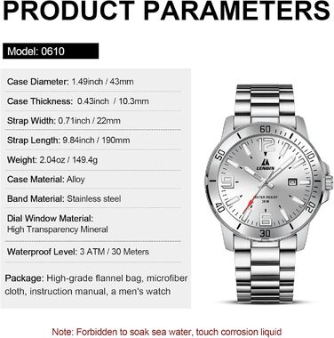 Годинник чоловічий LN LENQIN з нержавіючої сталі, водонепроникний, з датою, кварцовий, аналоговий, білий (сріблястий)