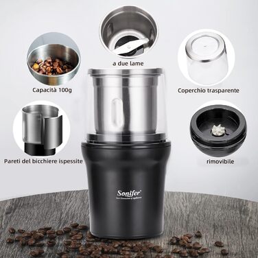 Electric Spice Grinder Coffee Grinder 100g Capacity 300W Power Removable Stainless Steel Container for Grinding Coffee Beans, Nuts, Spices, Grains, and Herbs