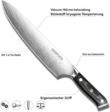 MOSFiATA Кухонний ніж 10 дюймів (25 см) - професійний ніж для м'яса з високоякісної сталі EN1.4116, ідеальний для шеф-кухарів, ніж для кухні, ніж кухаря, з подарунковою упаковкою