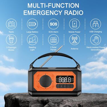 Радіо на сонячній батареї з ручним заводом 12000 mAh, AM/FM/NOAA, ліхтарик, SOS-сигнал, Power Bank – помаранчеве в смужку 