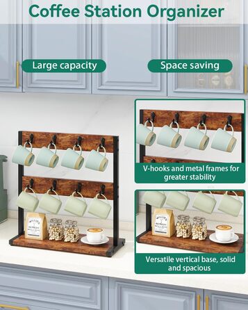 Vintage Mug Holder with 8 Hooks, Coffee Cup Holder for Countertop, Cup Stand with Storage Bottom, for Kitchen Dining Room Cafe 40 x 15 x 40 cm, TBJ002H (without shelf, Vintage Brown)