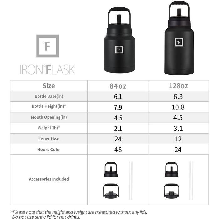3.8L Stainless Steel Water Bottle with 2 Lids (Straw and Spout) - Leak-Proof Thermos Bottle Metal Water Bottle Double-Walled Insulated BPA-Free
