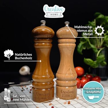 Набір дерев'яних млинів для солі та перцю Creative Home 18 см, ручний механізм, з міні-лопаткою, для кухні