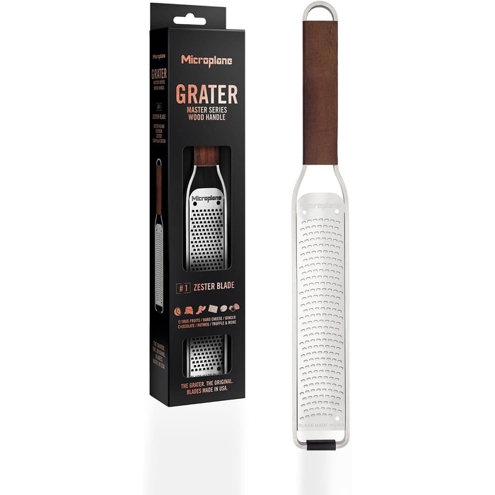 Microplane Zester Kitchen Grater Fine for Citrus Fruits, Hard Cheese, Ginger, Chocolate & Nutmeg from the Master Series with Walnut Wood Handle and Stainless Steel Blades - Made in USA