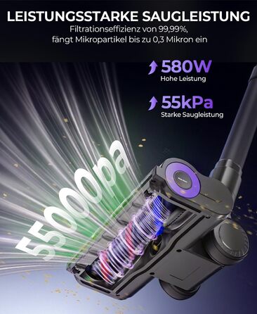 Бездротовий пилосос P9 Pro: потужний акумуляторний пилосос з LED-підсвіткою, 55KPA, 580W, 70 хвилин роботи, антизаплутувальна щітка, для підлоги, килима, шерсті тварин