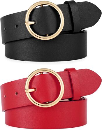 Жіночі шкіряні ремені WERFORU (2 шт.) для джинсів та штанів, модні ремені з золотистою кільцевою пряжкою, розмір талії 65-75 см (чорний+червоний)