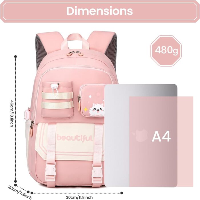 Дитячий рюкзак IvyH для дівчаток – велика місткість, водонепроникний, ідеальний для школи (2-6 клас), рожевий