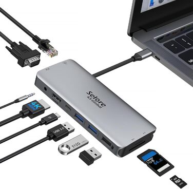 Док-станція USB-C для ноутбука з підтримкою 2 моніторів 4K, 13 в 1, з DisplayPort, HDMI, USB3.1, RJ45, 100W PD, кардридер, аудіо/мікрофон, для Dell HP (сірий)