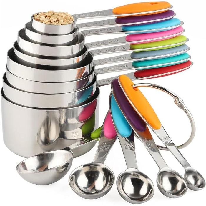 13-Piece Measuring Cup and Spoon Set, Multifunctional Stainless Steel Measuring Spoon with Silicone Handle