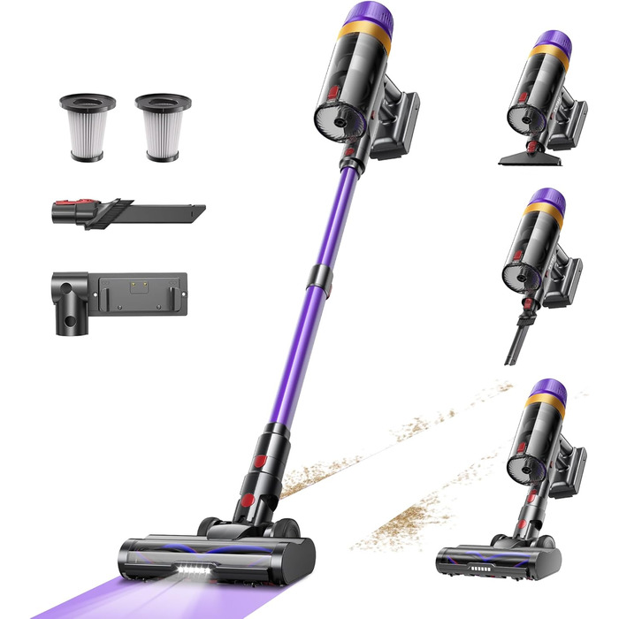 Бездротовий акумуляторний пилосос, 50000 Па, 580 Вт, 70 хв, 1.8 л, з дисплеєм, самостійна парковка, док-станція на стіні, антизаплутана щітка, 8-рівнева фільтрація, для шерсті тварин/килимів/твердих поверхонь/автомобіля