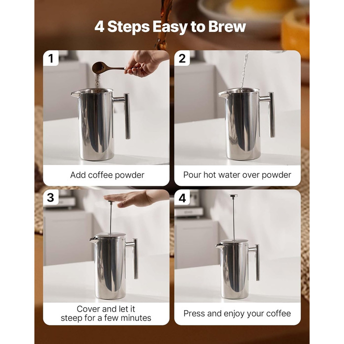 Френч-прес VEVOR 1,5 л з нержавіючої сталі - кавова преса, чайник з фільтром, для кемпінгу, подорожей, кухні, срібний