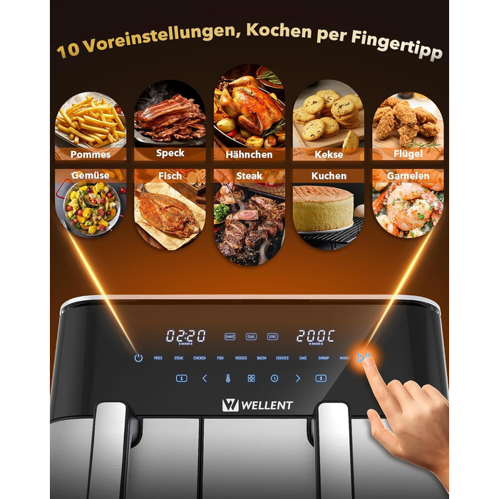 Фритюрниця повітряна WELLENT 2 камери, 2600W, 11л (4+7л) з сенсорним екраном, 10 функцій, для дому