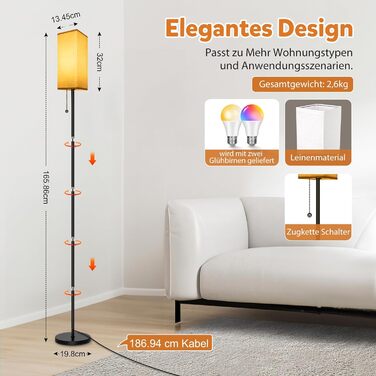 Світлодіодна торшерна лампа RGBWC Wi-Fi 9W E27 Smart для вітальні з димуванням, керуванням через додаток, Alexa & Google Assistant, DIY-режими та таймер