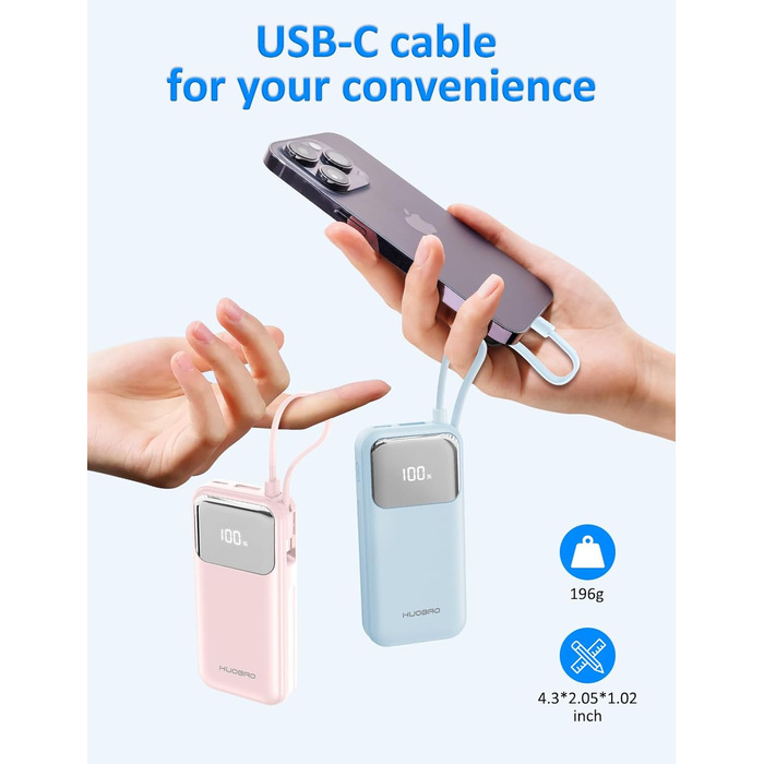 Power Bank 10000mAh з USB-C кабелем, PD 35W, LCD дисплей, для iPhone, Samsung, iPad та інших пристроїв (Блакитний)