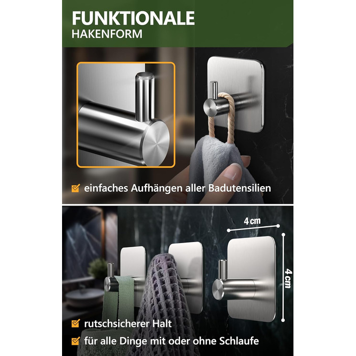 Набір гачків для рушників 4smile, 6 шт., сріблясті - без свердління, з нержавіючої сталі, для ванної кімнати