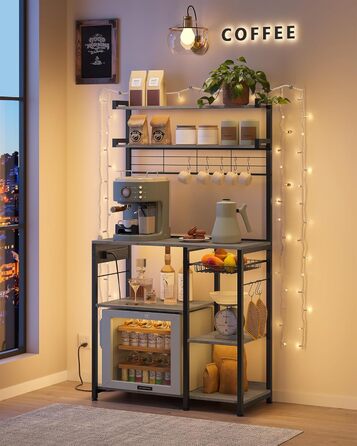 Полиця кухонна VASAGLE з розетками, стелаж для мікрохвильової печі, 8 гачків S-подібної форми, кухонний шафчик, органайзер для спецій, 40 x 90 x 165,5 см, коричневий вінтаж та чорний, KKS031K11