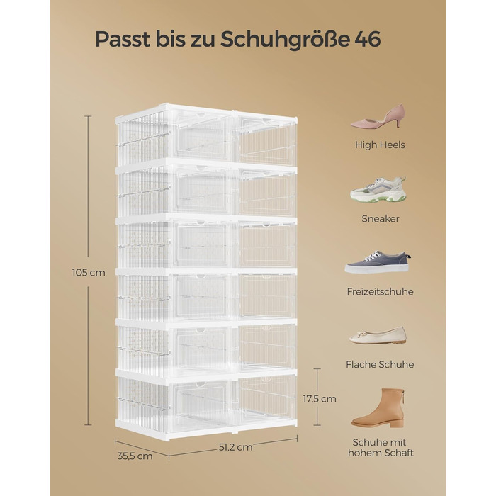SONGMICS Shoe Cabinet Set, with 18 Shoe Boxes, Integrated Shoe Organizer, Foldable, Portable, for Shoes up to Size 46, 1-Minute Assembly, Transparent + Cloud White LSP207W01 (Transparent + Cloud White, 2)