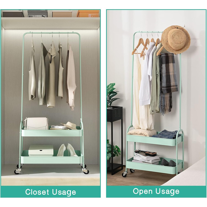 Clothes Rack Coat Stand, Clothes Rail Wheels, Bedroom Clothes Rack, Freestanding Shelf Cart 2 Tier Storage Shelf, Heavy-Duty Rolling Cart Utility Cart Green, WK830503-GN