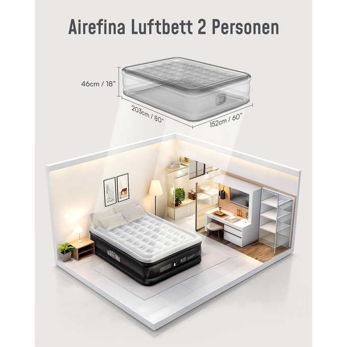 Надувне ліжко Airefina на 2 особи з самонадувною системою та вбудованим насосом, для кемпінгу та дому, міцне гостьове ліжко 203 x 152 x 46 см