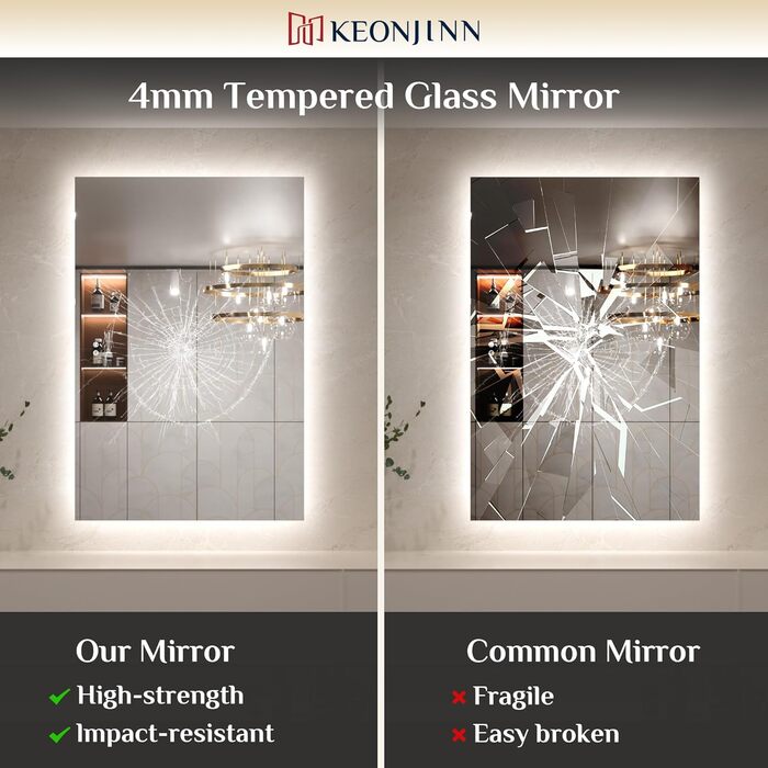 Дзеркало для ванної кімнати Keonjinn з підсвічуванням 60 см, антизапарюючий, з сенсорним вимикачем, пам'ять, 3 кольори світла, регульована яскравість, LED, без рами, прямокутне (90x90 см)