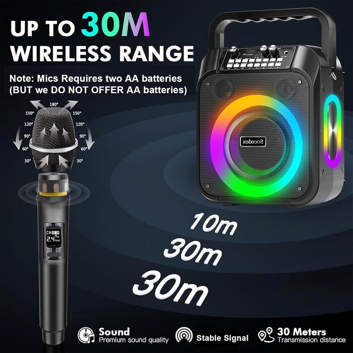 Караоке машина з Bluetooth, 2 мікрофонами, RGB-підсвічуванням та потужністю 30W