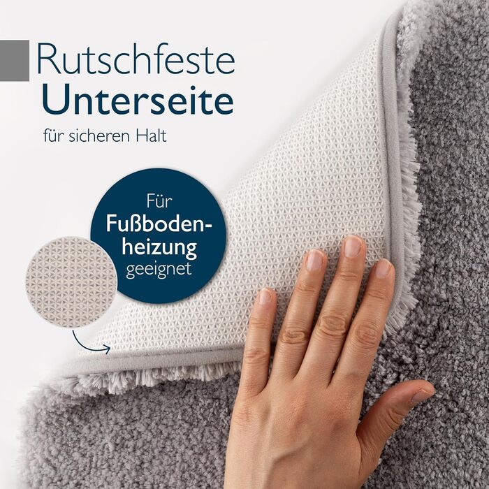 Beautissu Non-Slip Bath Mat - 120x70 cm - Plush Shaggy Rug for Bathroom - Washable, Grey - BeauMare FL