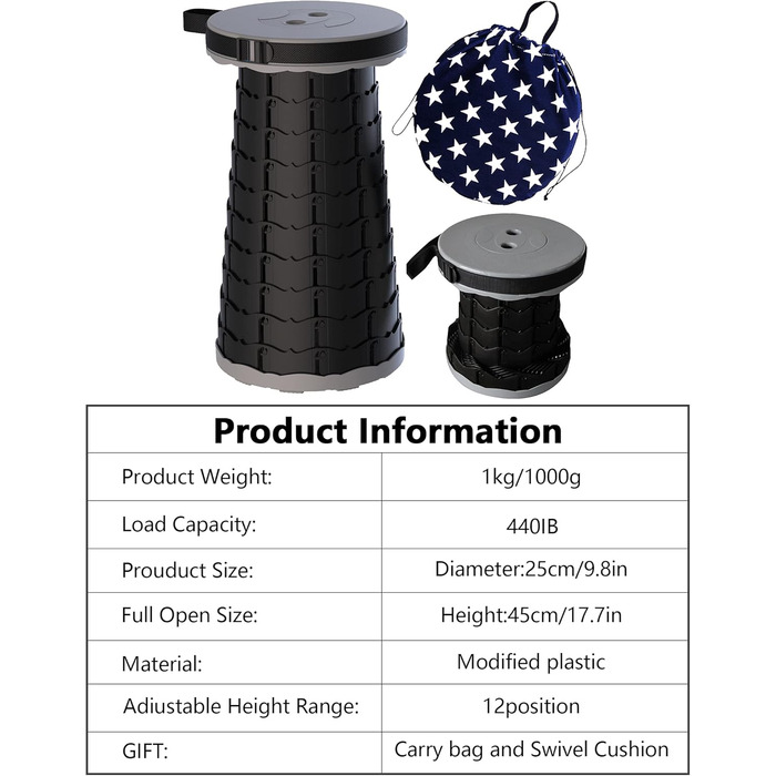 Складаний туристичний стілець-табурет, сірий. Максимальне навантаження 200 кг. Ідеально для кемпінгу, риболовлі, пікніків та подорожей. З сумкою для перенесення.