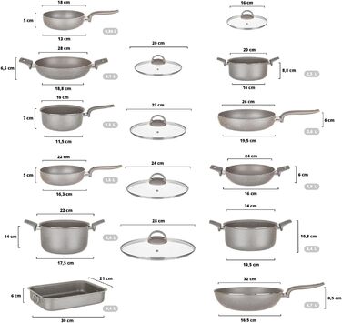 Набір каструль KASANOVA для традиційних плит, антипригарне покриття, набір посуду, здорове, швидке та рівномірне приготування їжі. Виготовлено в Італії (16 частин)
