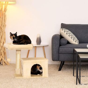 Cat scratching post with a cozy lying area & cave, height 50 cm, cat tree with plush ball incl. bell, sisal rope & soft plush, suitable for small & large cats, beige