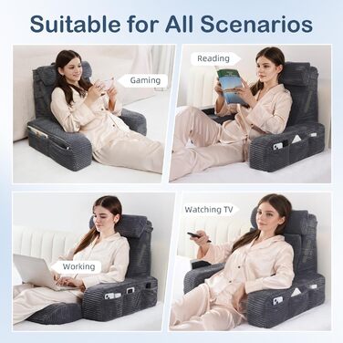 Регульоване подушкове крісло для читання Vekkia з підставкою для спини - XL кишені, зональний пінополіуретан для підтримки, ідеально для читання, ігор та відпочинку