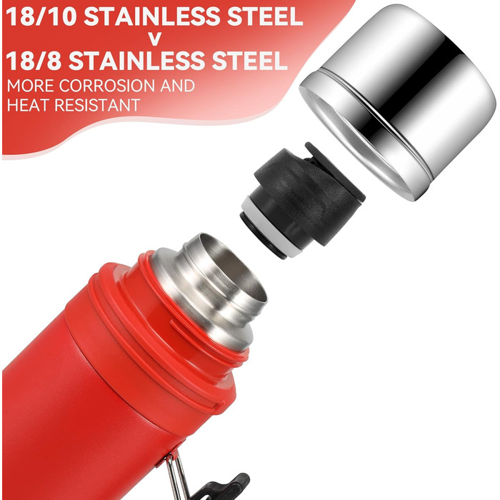 SANTECO 1L Stainless Steel Thermos Flask with Cup - Insulated Leakproof Travel Thermos for Hot & Cold Coffee & Tea - BPA Free
