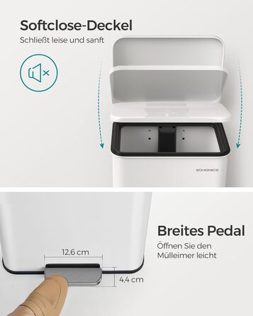 Сміттєве відро SONGMICS 40 л з педаллю, сталеве, з м'яким закриттям, 15 мішків, LTB540A02 (біле)