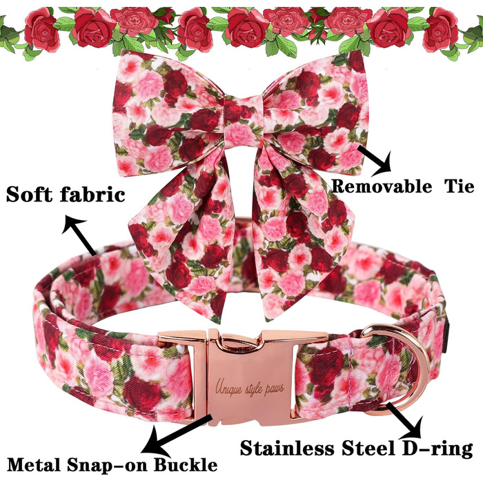 Гарний ошатний нашийник для собак Unique Style Paws, рожевий, з квітковим принтом (Pfingstrose), регульований, бавовна, для хлопчиків та дівчаток, з металевою застібкою, розмір M, обхват шиї 34-56 см