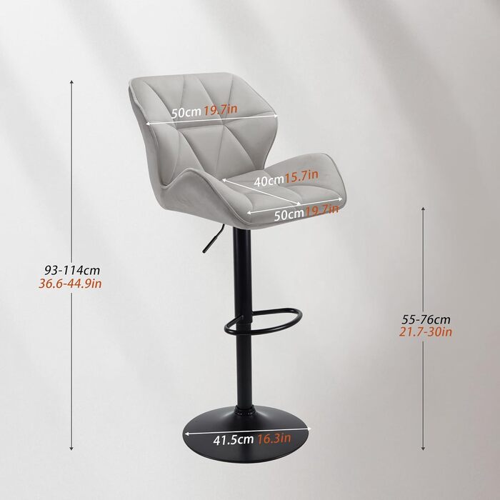 WangPangzi Adjustable Bar Stools 2-Pack with Backrest - Padded Faux Leather Kitchen & Counter Height Stools with Footrest - for Home, Kitchen, Hotel, Bar (Black & Light Gray Velvet)