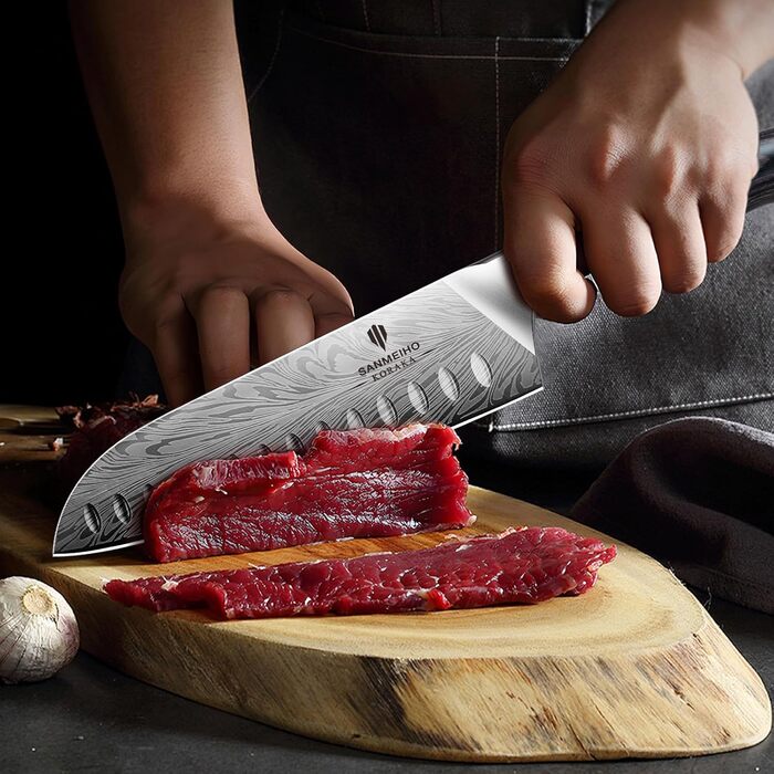 Ніж кухонний SANMEIHO Santoku 18 см з порошкової сталі, професійний шеф-ніж з пакавуд рукояттю