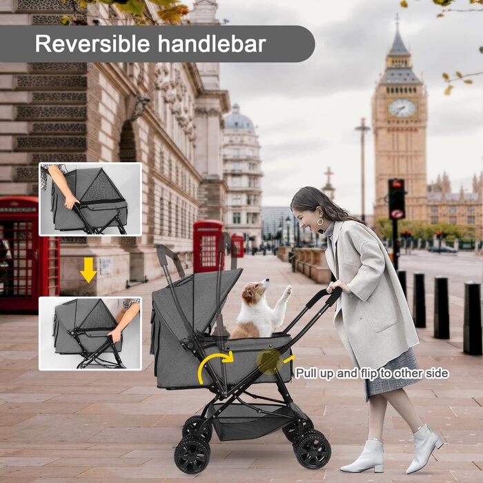 Візок для собак Wedyvko до 20 кг, 4 колеса, складний, для маленьких та середніх собак/кішок, з кошиком для зберігання та тримачем для напоїв (A-темно-сірий)