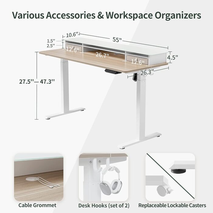 FEZIBO Electric Standing Desk with 2 Drawers - 140x60cm, Memory Control, Anti-Collision System, Light Brown Woodgrain