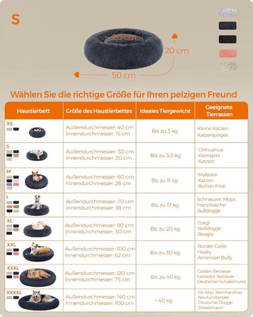 Ліжко для собак Feandrea, ліжко для котів, подушка-донат, миється, знімний наповнювач, довгий плюш, діаметр 120 см, PGW043G02 (50 x 50 x 20 см, Рожеве)