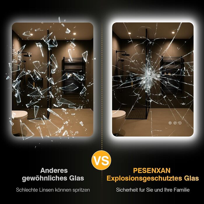 Дзеркало для ванної кімнати з підсвічуванням 50 x 70 см, LED дзеркало з протизапарюючим покриттям, 3 кольори світла, регулювання яскравості, прямокутна форма, сенсорне управління, функція пам'яті, горизонтальне/вертикальне кріплення, без рамки