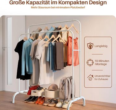 Підставка для одягу PORTENTUM: сталева, до 35 кг, з подвійною перекладиною та полицею для взуття, протиковзкі ніжки, захисні кінчики, швидкий монтаж, білий (без вішалок)