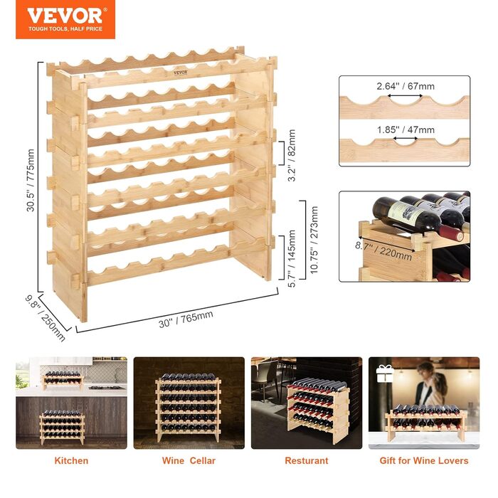 VEVOR Wine Rack, Wine Stand for 48 Bottles, Bamboo Bottle Rack with 6 Compartments, Stackable Vintage Wine Rack Metal for Cellar, Bar, Storage Room, etc. Bottle Holder Wine Bottle Rack, Holds up to 60 kg