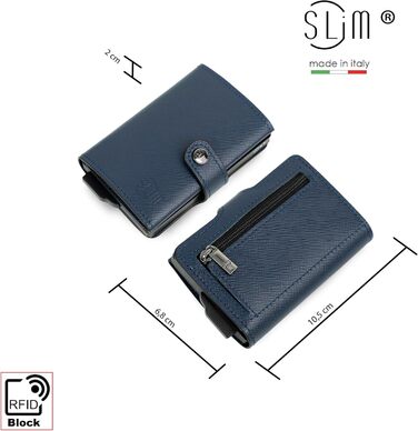 Стильний гаманець Slim Geldbörse для чоловіків та жінок з RFID захистом, відділенням для монет, синій Saffiano - Made in Italy