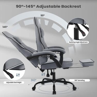 WOLTU Gaming Chair with Pocket Spring Cushion, Gaming Recliner with 330 lb Weight Capacity, Ergonomic Swivel Chair, Gamer Chair with Headrest, Lumbar Pillow, Footrest, Mesh Fabric, Grey, GS11gr Grey+Black Mesh Fabric