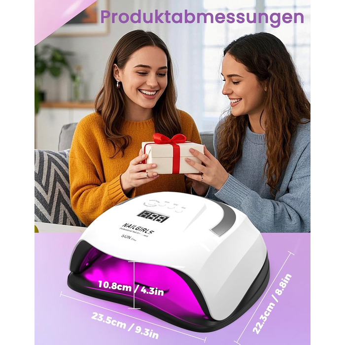 LED UV лампа для нігтів NAILGIRLS 150W з таймером, автосенсором та LCD дисплеєм. Підходить для гелевих нігтів пальців та ніг. Знімний магнітний майданчик.