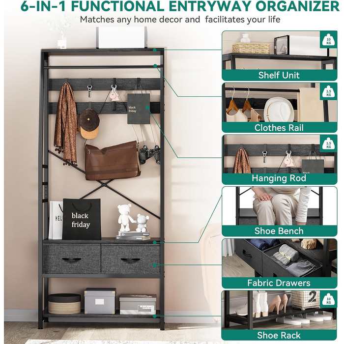 YITAHOME Entryway Storage Bench with Shoe Cabinet, Freestanding Entryway Bench with Bank and 2 Folding Drawers, Industrial Coat Rack with 8 Hooks for Entryway, Living Room, Bedroom, Metal Frame, Rustic Brown (Black)