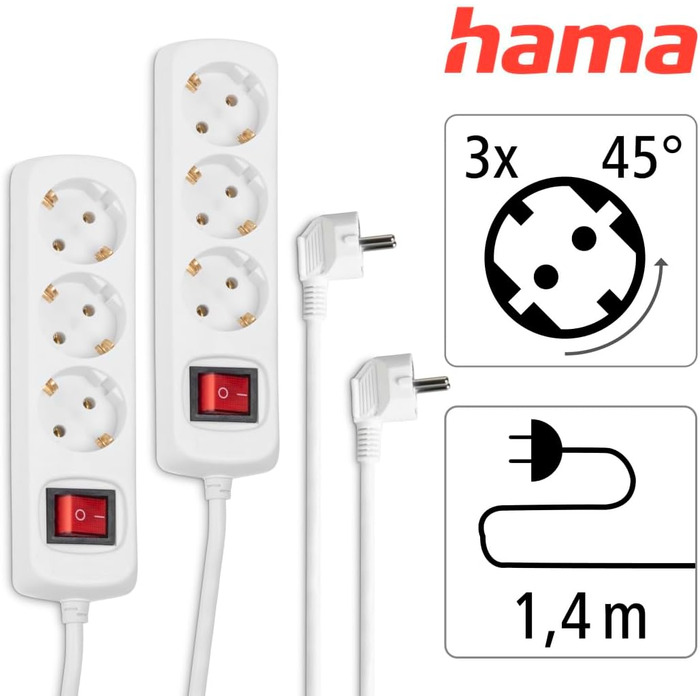Розподільник розеток Hama з енергозберігаючим вимикачем (3 розетки, 1.4м кабель, кут 45°, GS сертифікат), білий (2 шт.)