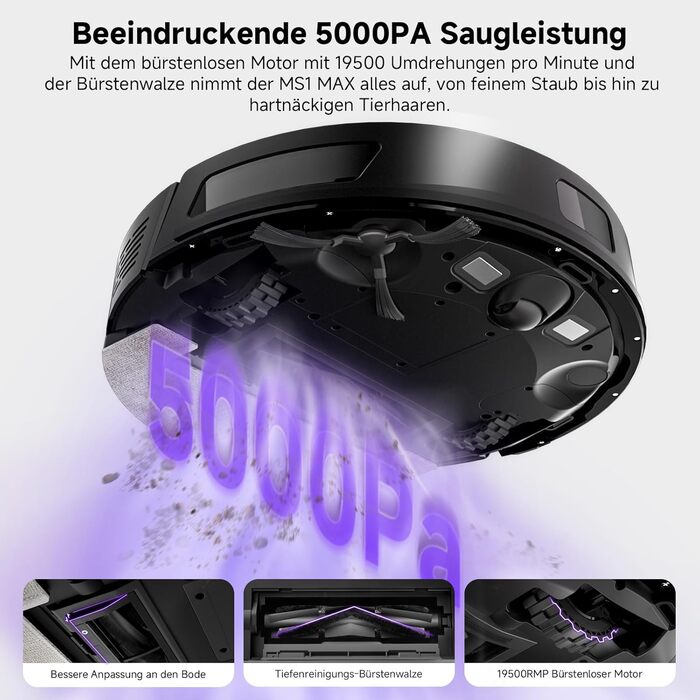 Робот-пилосос MONSGA з функцією миття, 3.5л, потужність 5000Pa, час роботи 180хв, LiDAR навігація, керування через додаток, чорний